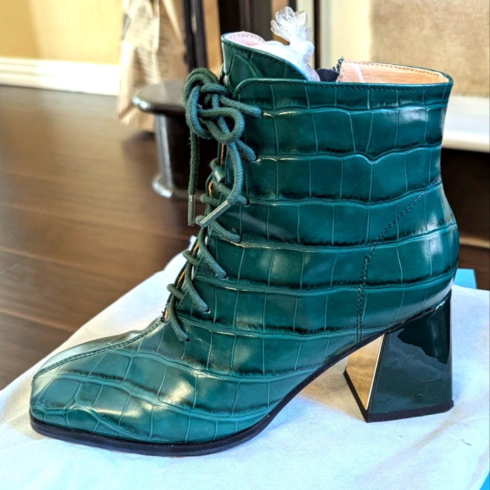 Green Leather Heeled Bootie